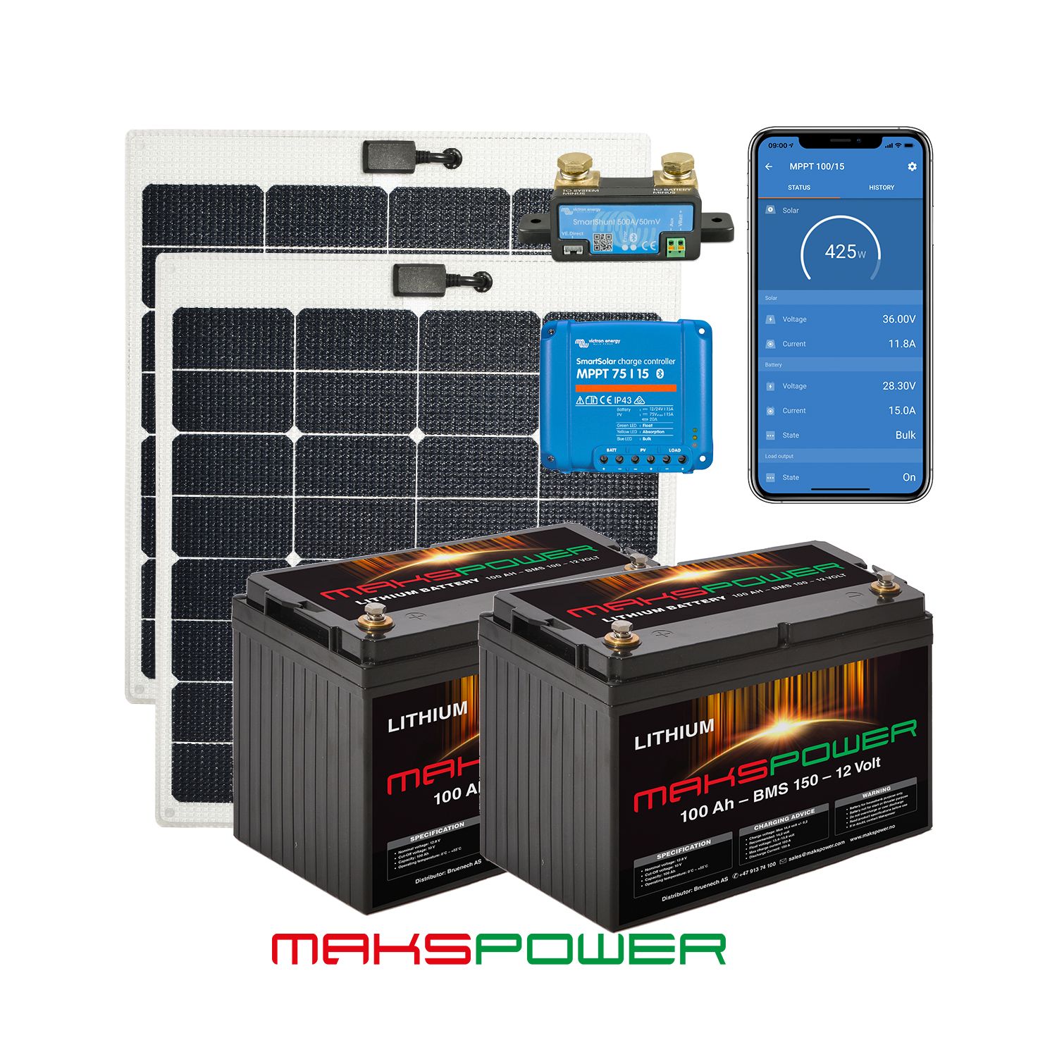 makspower-solcellepakke-2x-55w-lithiumbatteri-2x100ah-solcelleregulator-smartshunt-victron-semirigid-solcellepanel