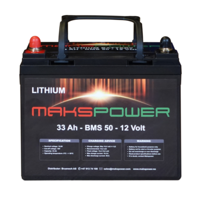 Makspower-Lithium-Litium-batteri-forbruk-frontprofil-33Ah-50BMS-195x128x158mm