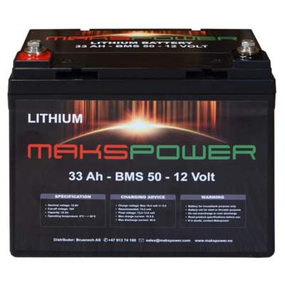 Makspower-Lithium-Litium-batteri-forbruk-frontprofil-haandtak-33Ah-50BMS-195x128x158mm