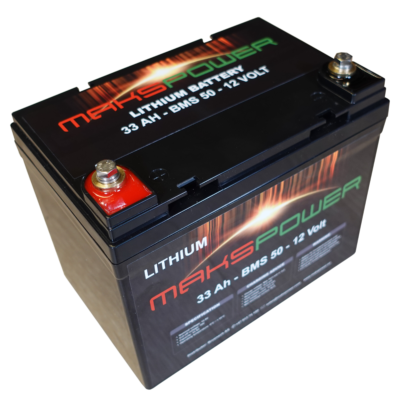 Makspower-Lithium-Litium-batteri-forbruk-frontprofil-haandtak-33Ah-50BMS-195x128x158mm