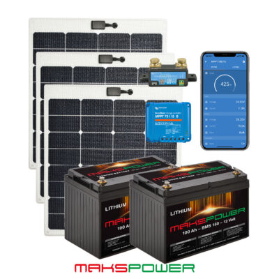 makspower-solcellepakke-3x-55w-lithiumbatteri-2x100ah-solcelleregulator-smartshunt-victron-semirigid-solcellepanel