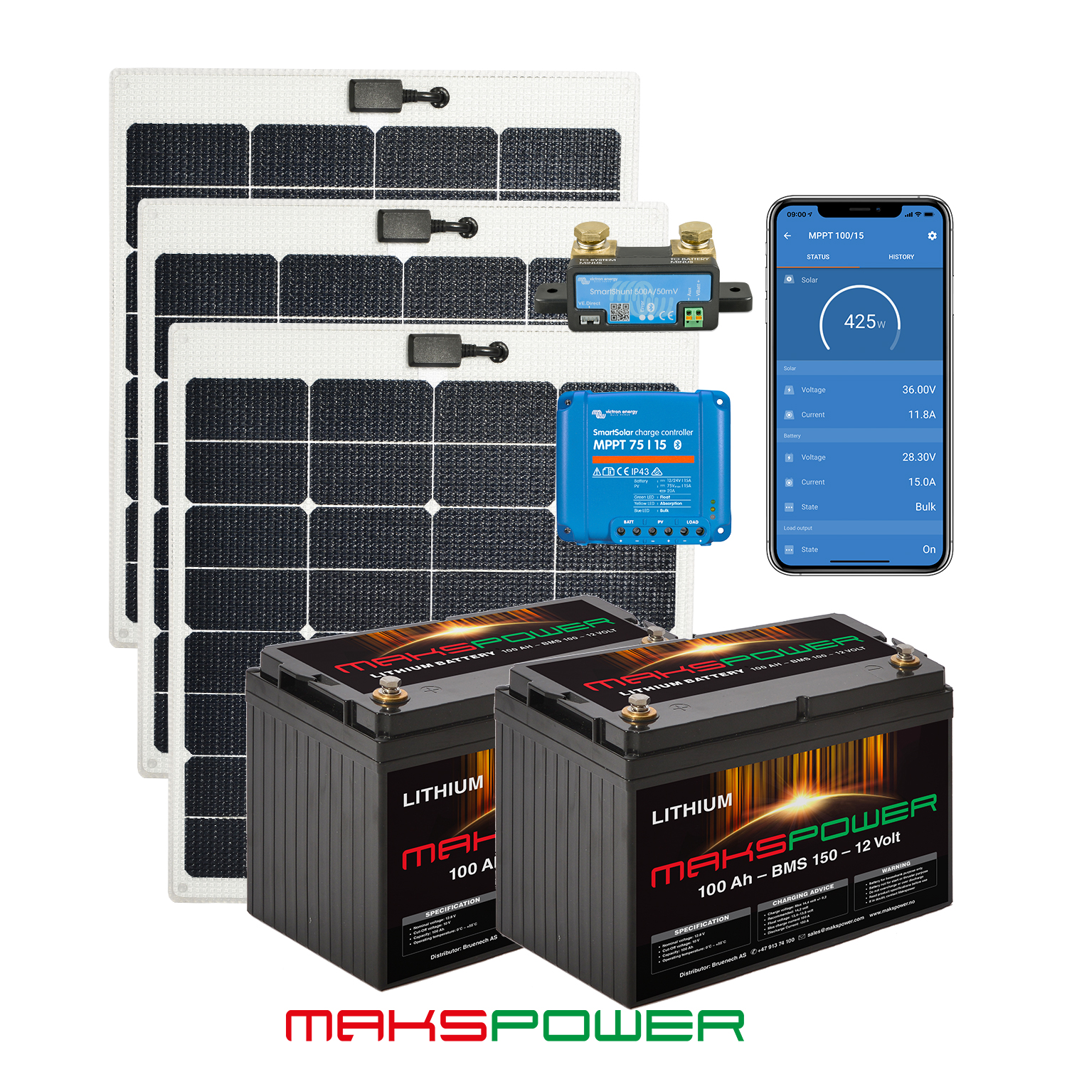 Makspower Solcellepakke 3x 55W SEMIRIGID – 200Ah Makspower Lithium –  Makspower Batteries